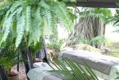 A massage bed in a garden with plants and ferns, available for a Special offer.