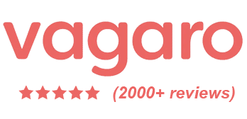 Vagaro Logo In Coral Red Text With A Note Below Stating "5 Star Rating (2000+ Reviews)" In Red.